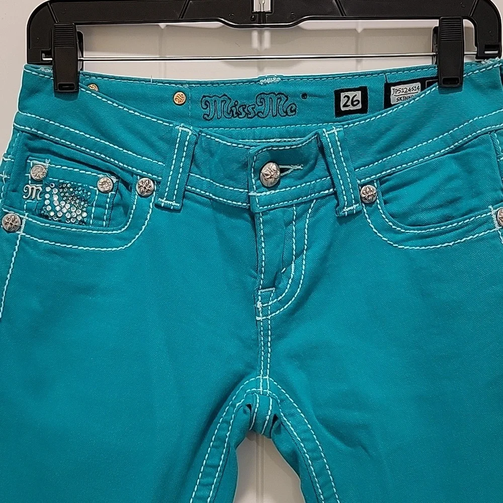 Miss Me Teal Skinny Low Rise Jeans Size 26 - Picture 8 of 11